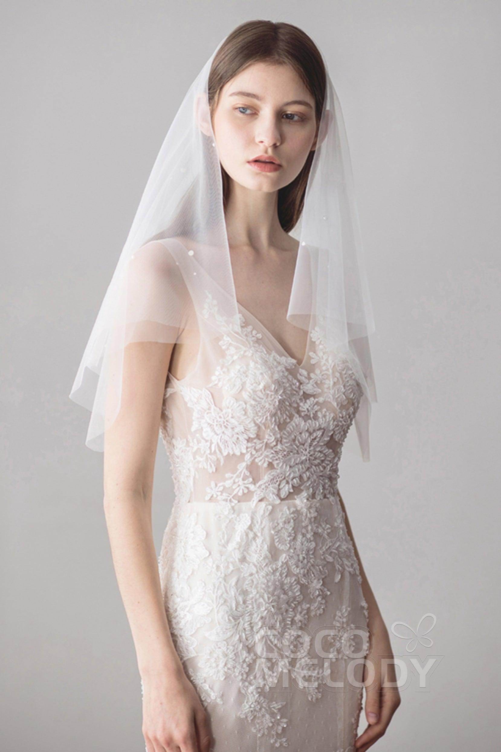Two-tier Cut Edge Tulle Elbow Veils with Pearls AV18029 - COCOMELODY